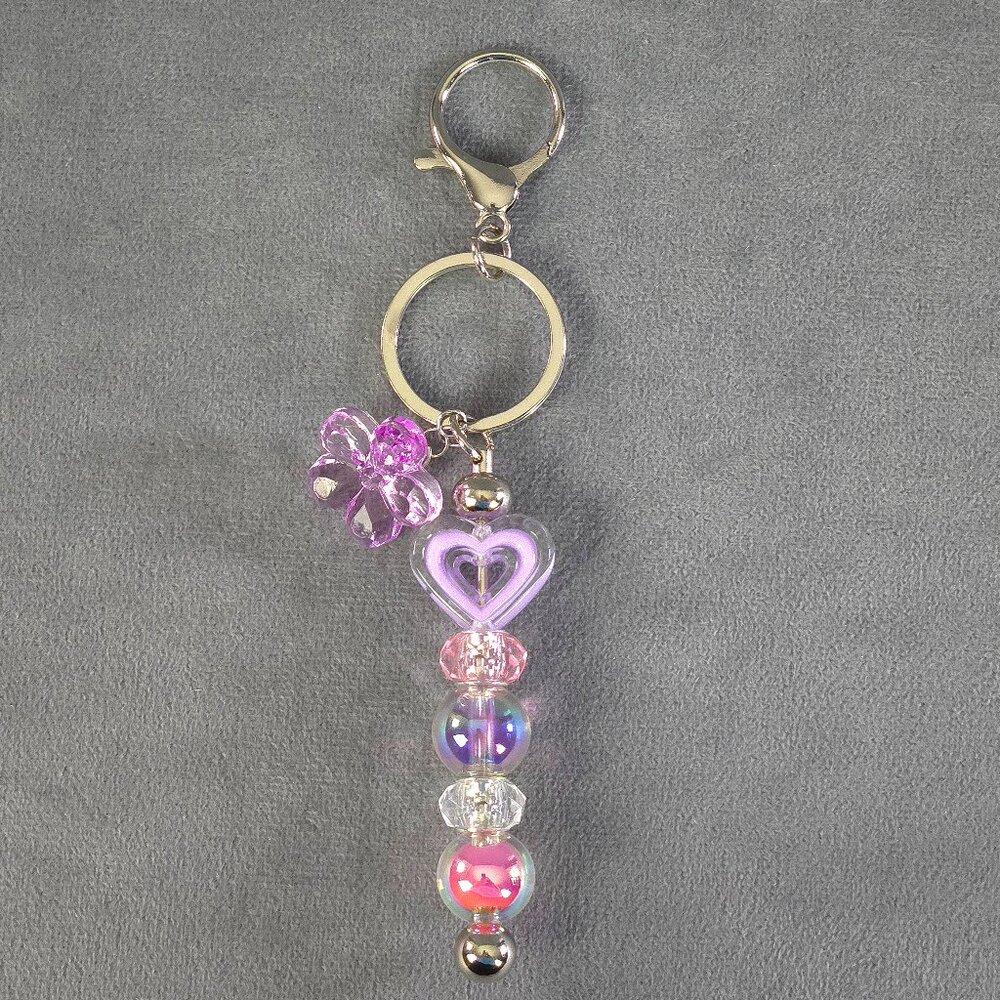 Purple Heart w/ Flower Charm Beaded Keychain w/ Round Lobster Clasp & Split Ring